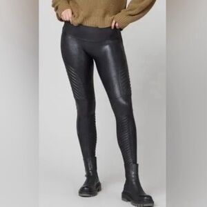 SPANX Faux Leather Moto High Rise Black Leggings Size Large